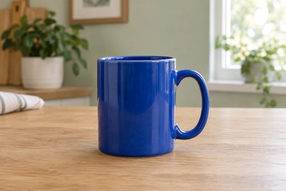 Taza de cerámica azul sobre una mesa de madera con plantas al fondo